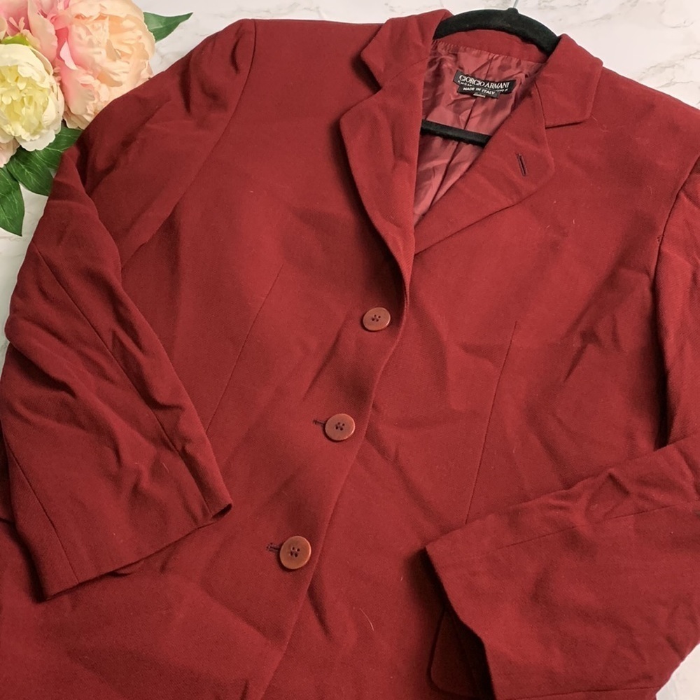 Vintage 90s Giorgio Armani Red 100% Wool Long Sleeve Three Button Blazer Size 12